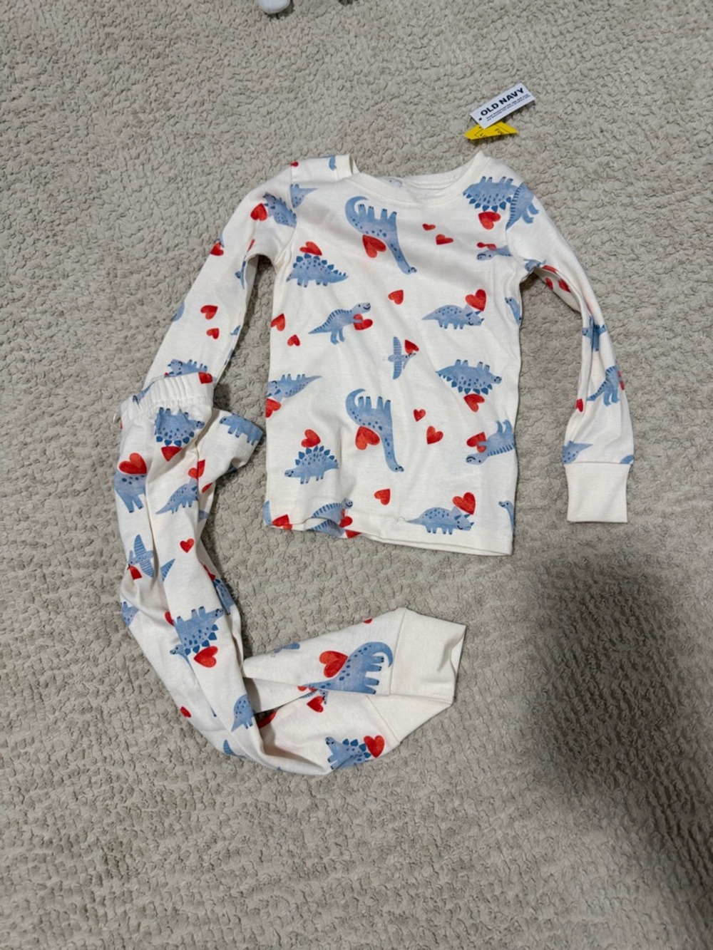 Old Navy White Pajama Set with Blue Dinosaurs and Red Hearts